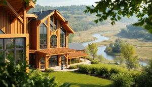 Winding River Farmhouse New Build showcasing a modern farmhouse design against lush greens.