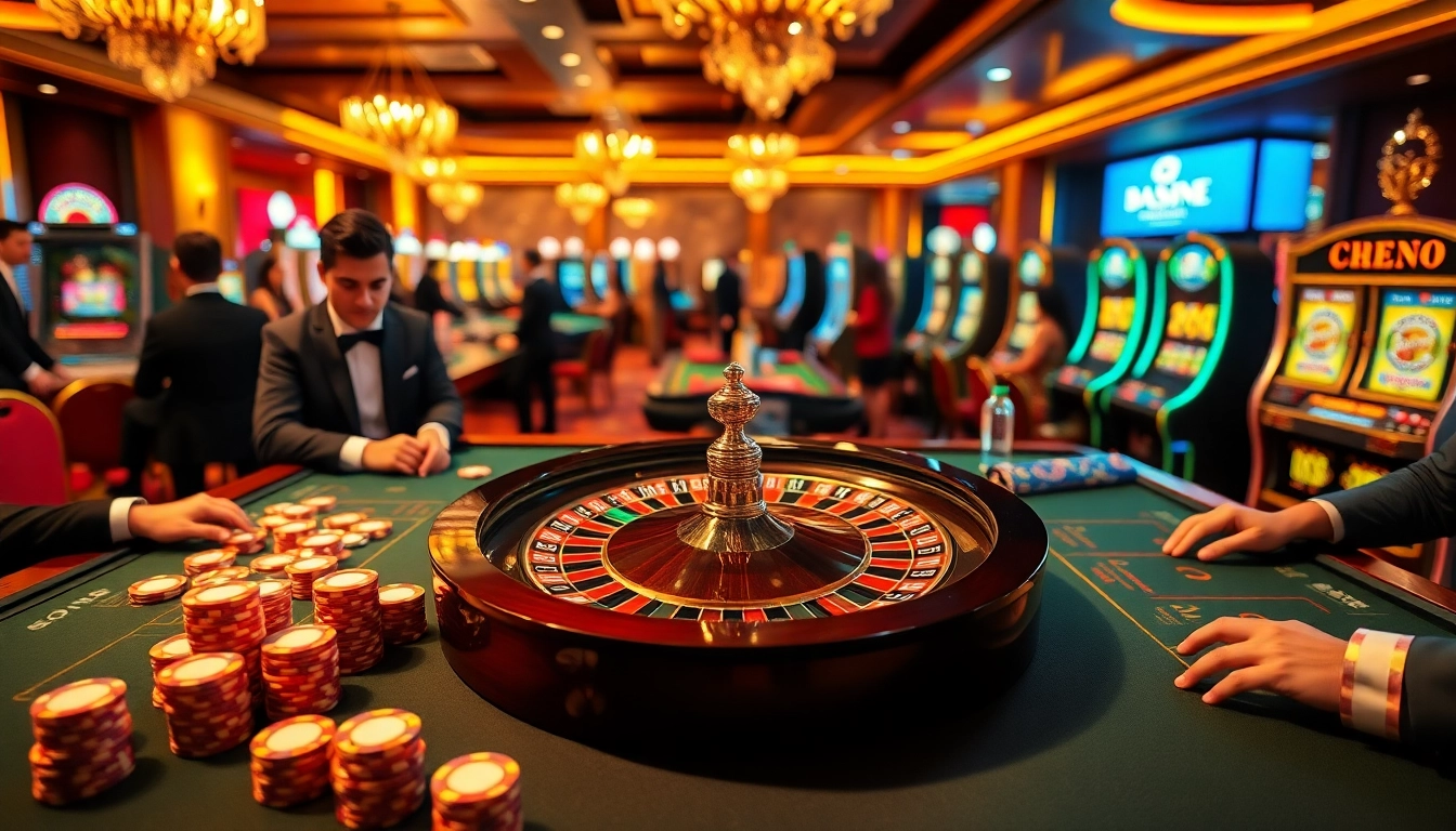 The vibrant casino scene showcasing Link mới nhất QQ88 with poker chips, slot machines, and roulette wheel excitement.