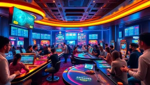 Engaging gambling scene at 슈어맨's futuristic betting lounge with modern gamers.