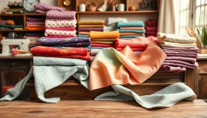 Katoen stoffen assortiment met verschillende kleuren en patronen op een houten tafel.