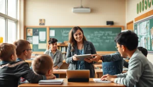 Engaging lesson on managing phon in school life with students and teacher in a bright classroom.