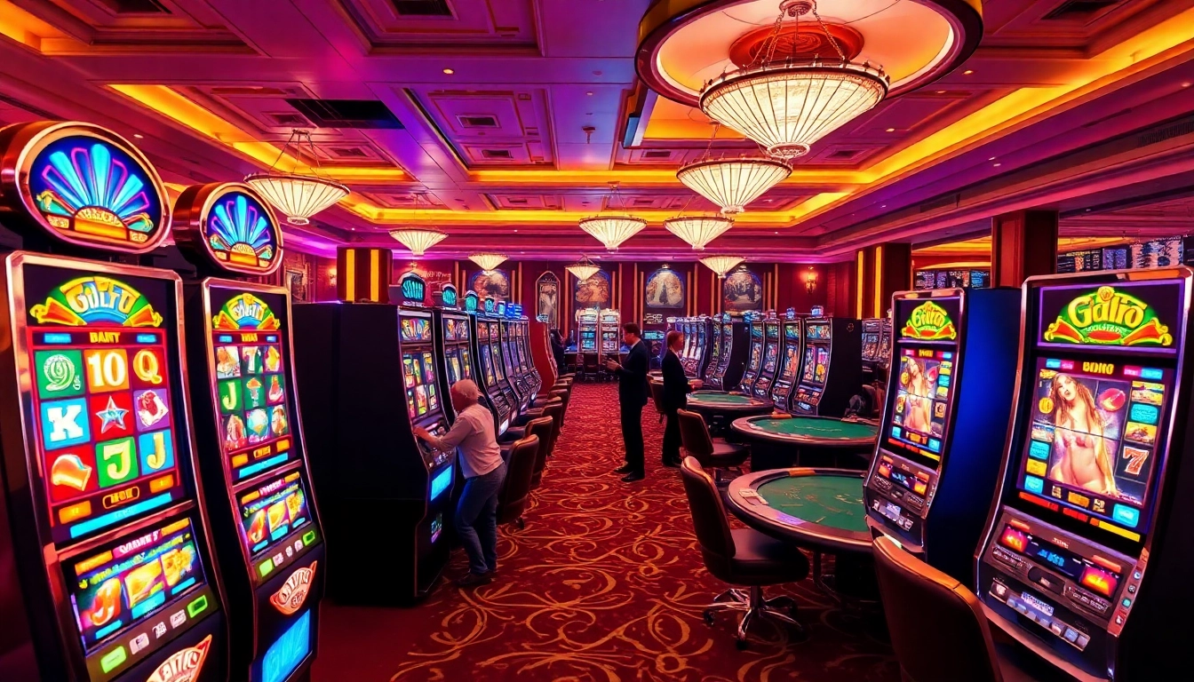 Menampilkan mesin slot777 dengan pemain yang merayakan kemenangan di kasino.