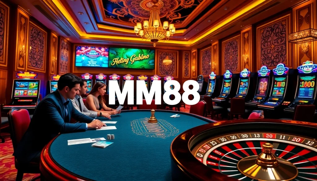 Players engaged in poker and slot machines at MM88, showcasing a vibrant casino atmosphere.