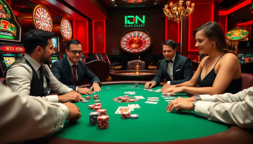 Rasakan aksi poker IDN Play yang mendebarkan di kasino mewah dengan pemain dan chip yang berwarna-warni.