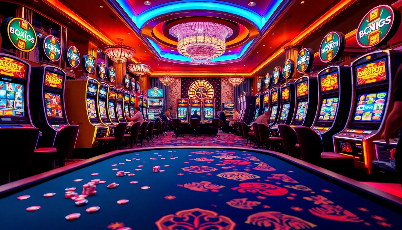 Adegan menarik para pemain di mesin slot dari slot server Thailand, dengan suasana kasino yang hidup.