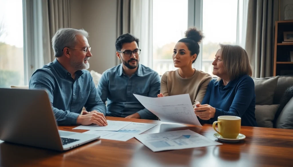 Discuss financing for heating options with a professional in a warm living room setting.