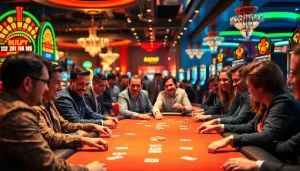 Masuk ke hoki 77 login yang menampilkan pemain kasino di meja poker dengan suasana yang bersemangat.