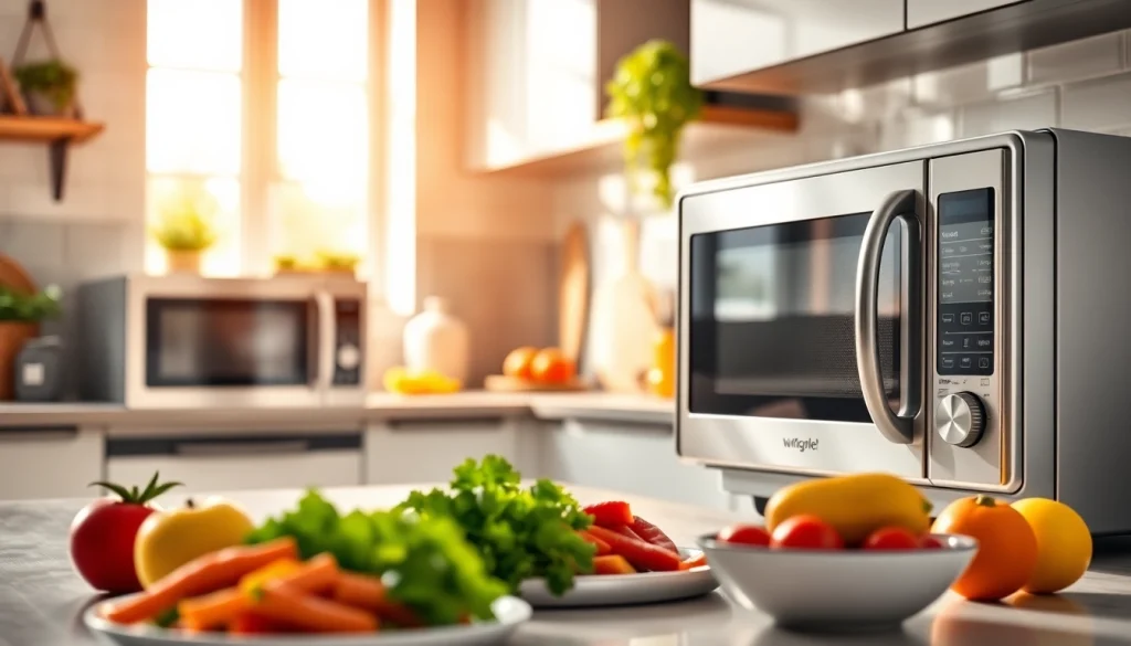 Showcasing microwave oven sales with elegant countertop display and vibrant food.