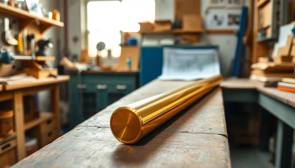 Bara alama care prezintă o bară de alamă lustruită pe bancul de lucru, evidențiind măiestria.