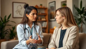 Anxiety symptoms depicted through a therapist and client session, showcasing emotional support.