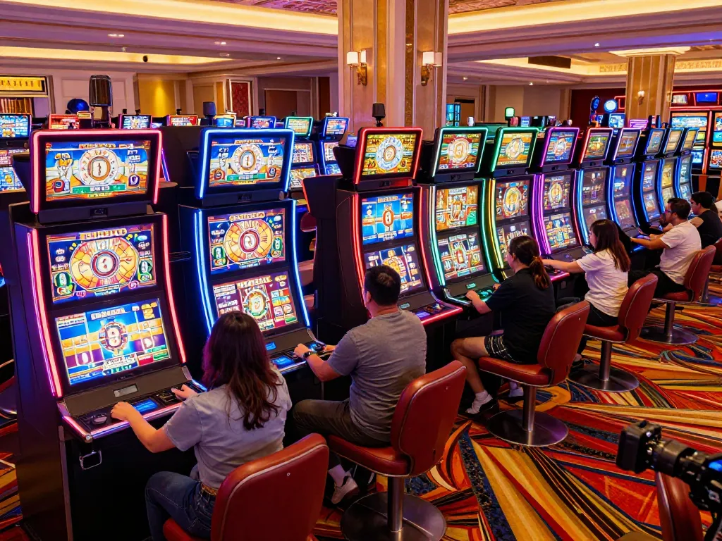 Engaged players enjoying Link Gaco slots in an upscale casino environment, vibrant machines in view.