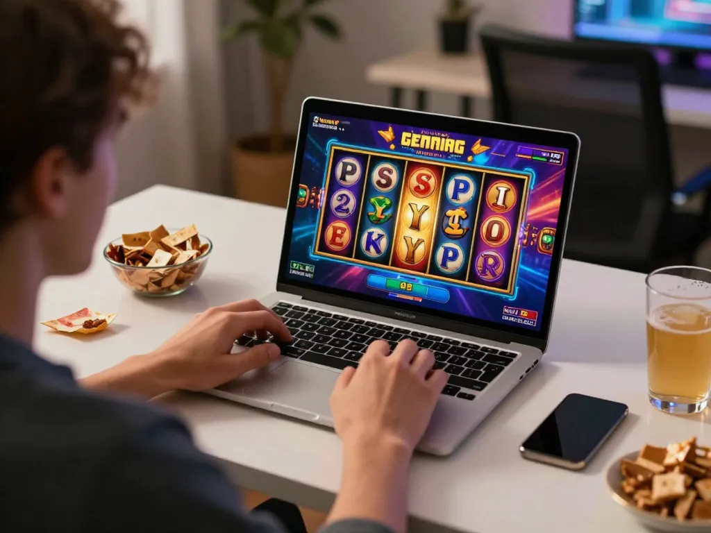 Engaged player enjoying a thrilling link slot game on their laptop in a cozy home environment.