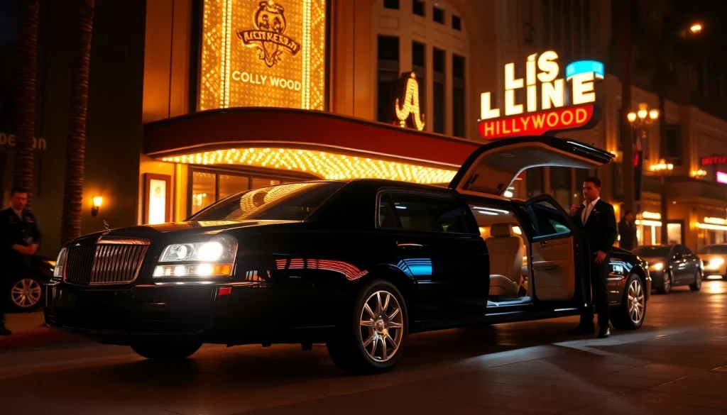 Los Angeles Limo service showcasing a luxurious black limousine outside a Hollywood venue.