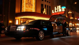 Los Angeles Limo service showcasing a luxurious black limousine outside a Hollywood venue.