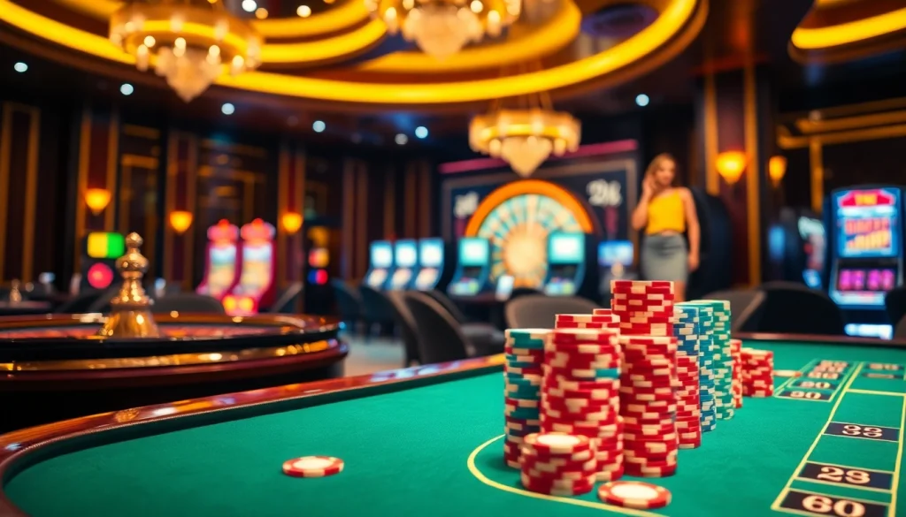 Scène engageante au meilleur casino en ligne avec des joueurs à une table de poker entourée d'éléments de jeu vibrants.