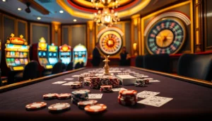 Experience the thrilling atmosphere at Nhà cái Luckywin with a vibrant casino scene featuring cards and poker chips.