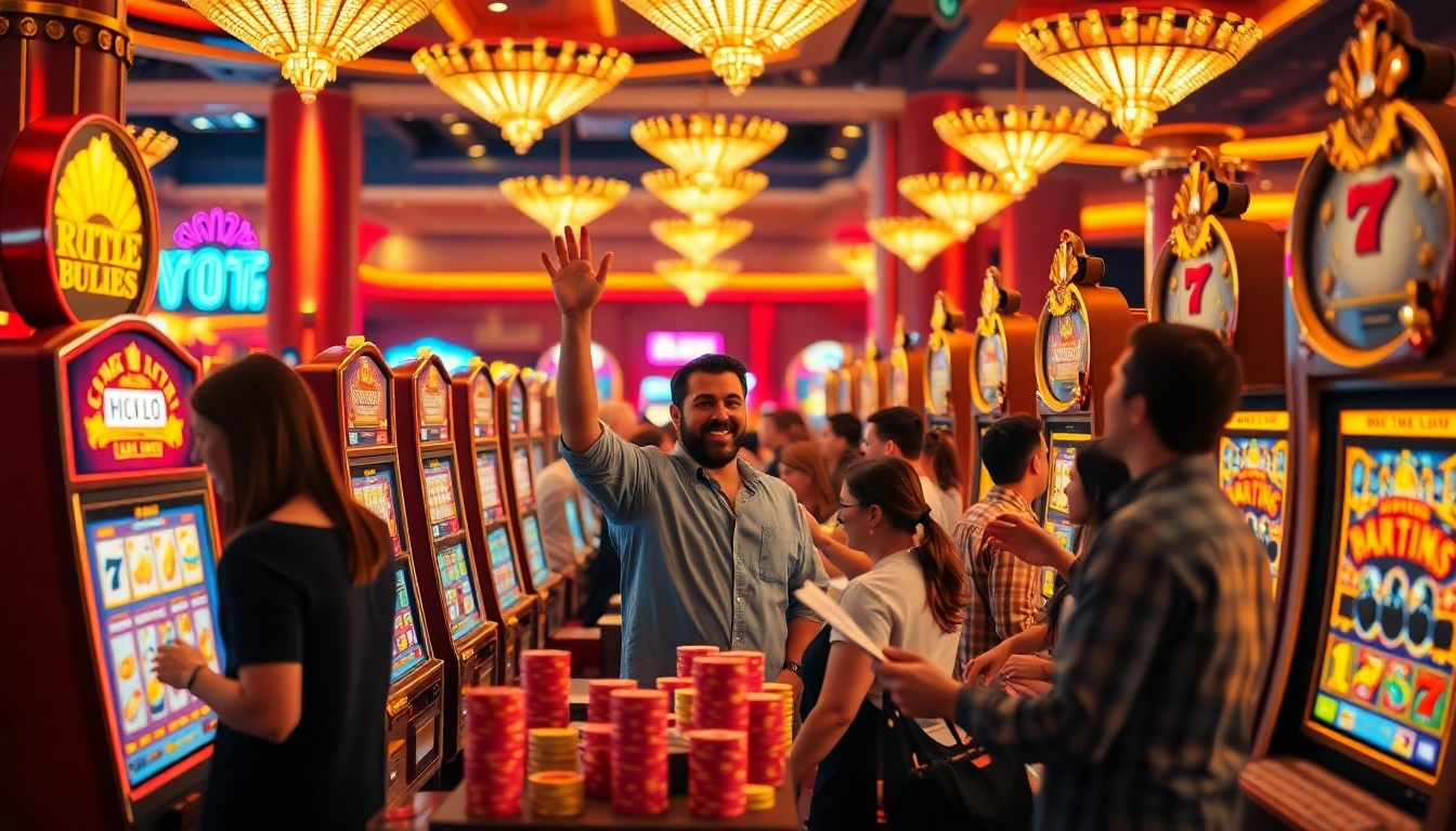 Engage with the thrilling link slot gacor experience as players celebrate wins amidst vibrant casino lights.