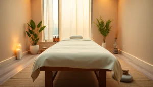 편안한 마사지 테이블과 차분한 장식이 있는 고요한 부산마사지 룸.