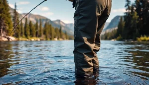Angler wearing fly fishing waders casting in a clear river, showcasing water and nature.
