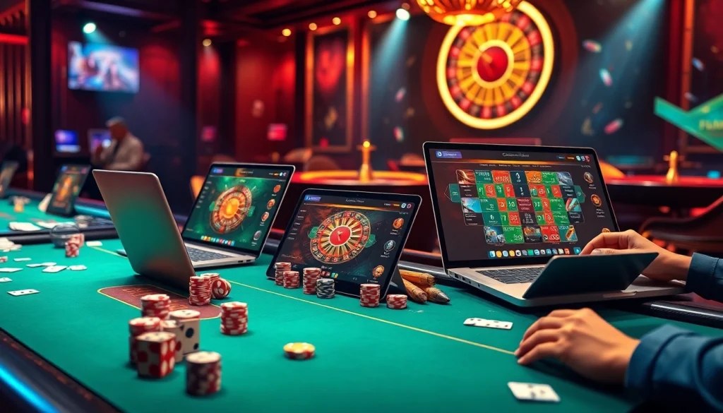 Players enjoying the game tài xỉu md5 online, surrounded by vibrant casino visuals and immersive betting interfaces.