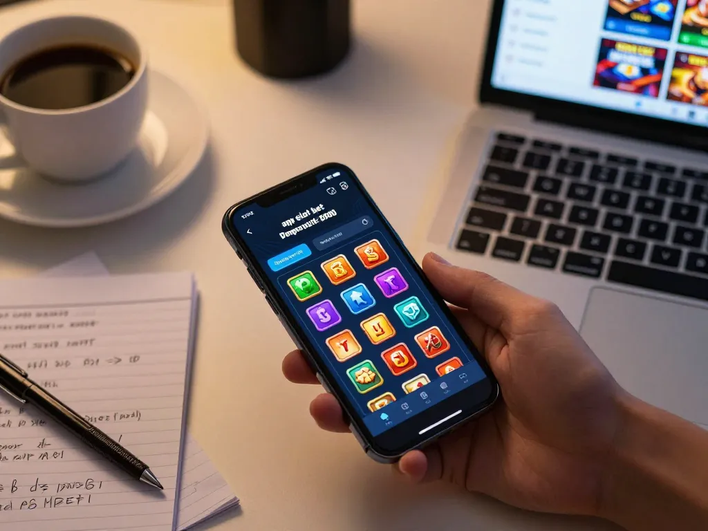 Playing apk slot bet 50 perak deposit 5000 on mobile app while enjoying a warm drink and gaming notes.