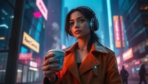 Image to prompt generator showcases a futuristic city scene with a woman in neon colors and elegant attire.