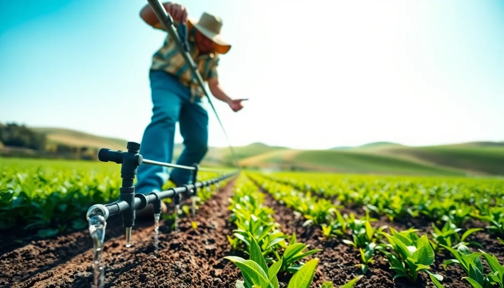 Farm worker utilizing land irrigation strategies in a lush green field.
