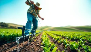 Farm worker utilizing land irrigation strategies in a lush green field.