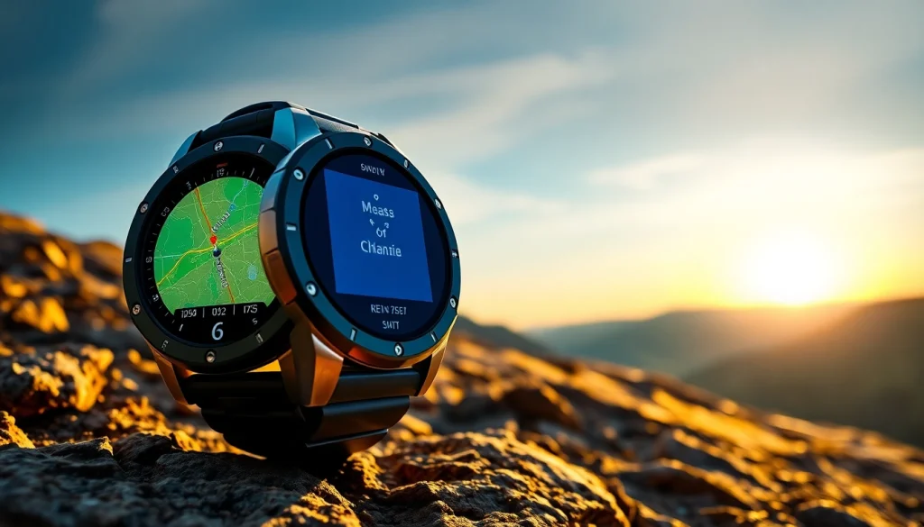 Discover features of the Explorer GPS Smart Watch set against a scenic mountain backdrop.
