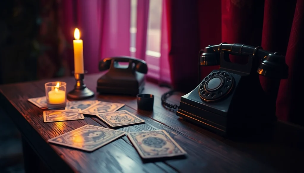 タロットカードとヴィンテージ電話を使った電話占い 当たるを示す穏やかな環境。