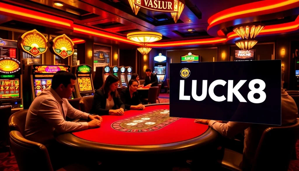 Engaging poker game at LUCK8 casino with professional players and vibrant slot machines.