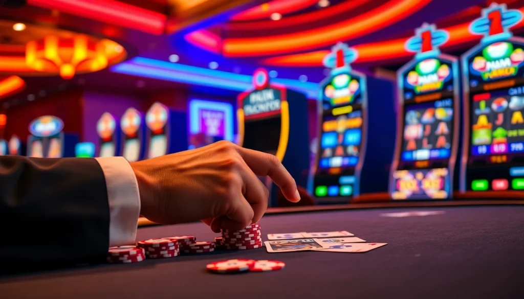 Adegan kasino yang menarik menampilkan mesin slot yang mendebarkan dan aksi poker dengan branding jmacdonaldphoto.com.