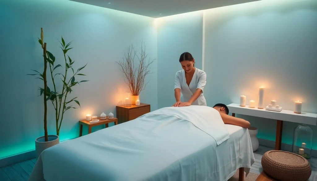 휴식을 위한 아늑한 조명과 고요한 장식이 있는 스웨디시 마사지 치료실.