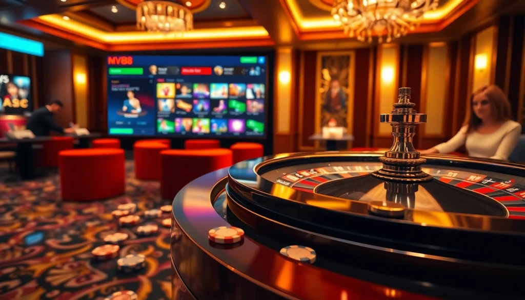 Experience the thrilling MV88 game with a modern casino setting filled with excitement and vibrant colors.