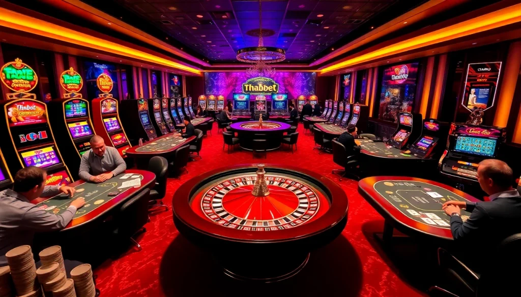 Experience the thrill of gaming at Thabet Casino with vibrant poker tables and flashing slot machines.