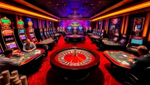 Experience the thrill of gaming at Thabet Casino with vibrant poker tables and flashing slot machines.