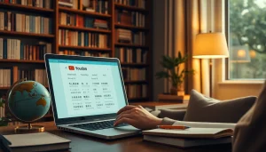 User engaging with 有道翻译 on a laptop in a cozy study, showcasing language learning.