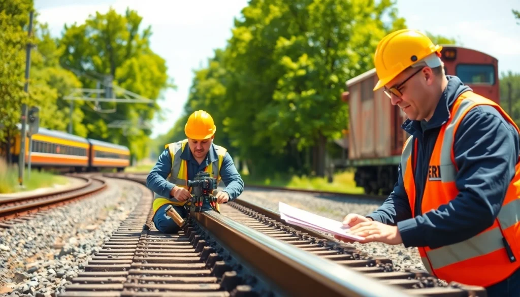 Track Inspectors Near Me actively inspecting railway tracks with professional tools and gear.