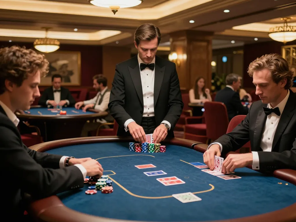 Engaging poker game at upscale casino showing intense focus, showcasing winning strategies for server thailand players.