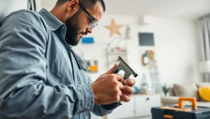Electrical service maintenance by a professional electrician in a well-lit workspace.