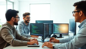 Engaged developers collaborating on remote software development jobs in a bright workspace.