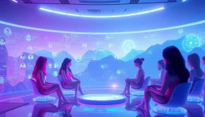 Engaging NSFW AI chat interface featuring diverse avatars in a futuristic digital landscape.