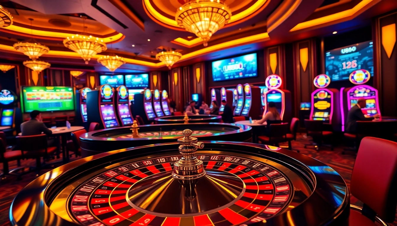 A vibrant U888 casino scene with roulette tables, poker players, and modern slot machines.