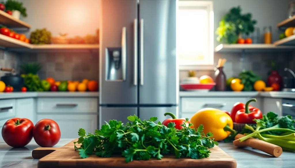 Refrigerator with fresh produce in a bright, inviting kitchen setting.