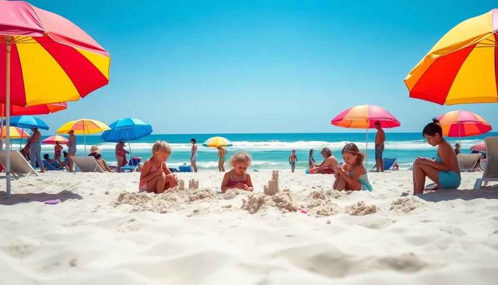 Capture the lively atmosphere of Myrtle Beach with families at play on the sand and surf, showcasing the joy of beach activities.