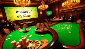 Découvrez l'excitation du meilleur casino en ligne avec une scène de casino élégante présentant des tables de poker, des roues de roulette et des joueurs enthousiastes.