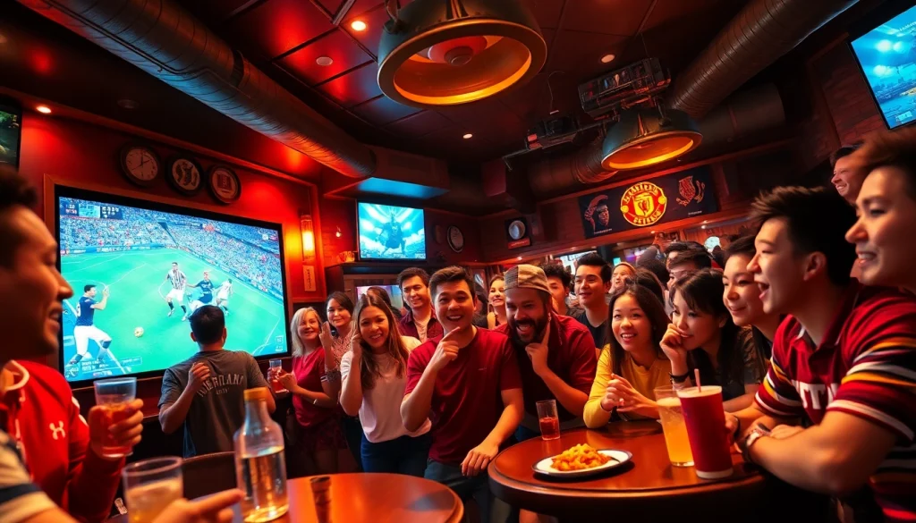 Excited fans enjoying live sports at a pub, reflecting the 토토스토리 experience.