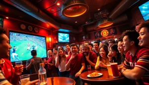 Excited fans enjoying live sports at a pub, reflecting the 토토스토리 experience.
