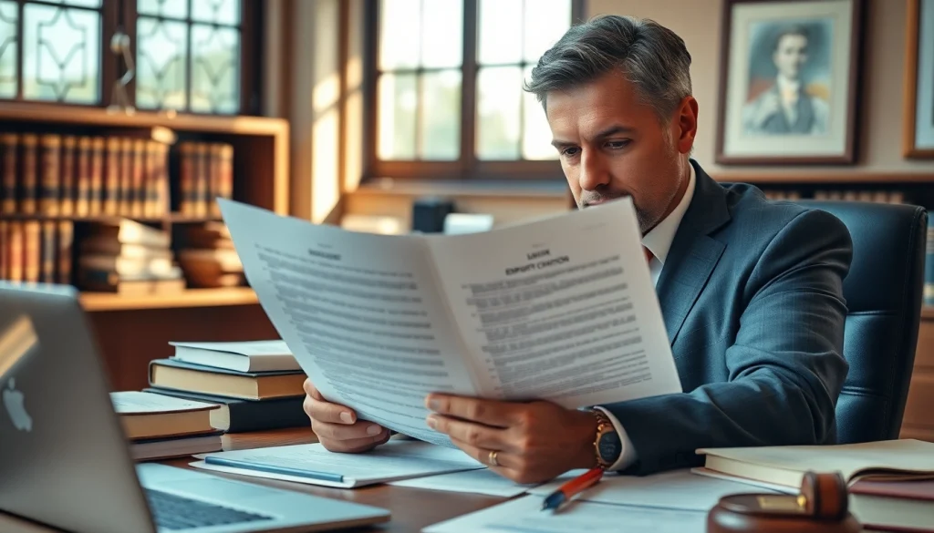 Lohnklage Beratung durch einen Anwalt, der Dokumente prüft.