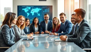 Visualize b2b competitive intelligence strategies with professionals analyzing data in a modern office.